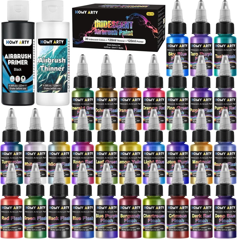 HOMY ARTY Iridescent Airbrush Paint - 30 Colors with 4.05 fl oz Thinner and 4.05 fl oz Primer, Ready to Spray Acrylic Airbrush Paints, Water-Based Iridescent Air Brush Colors for Plastic Model, Canvas - Image 1